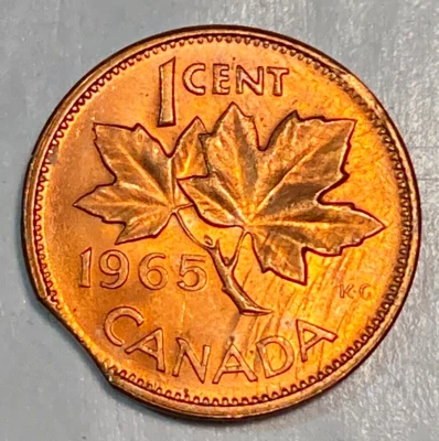 1965 Canada 1 Cent Nice Original Gem BU 5% Curved Clip Error CHRC - Image 1 of 2