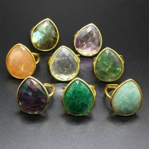 Natural Crystal Faceted Adjustable Waterdrop Teardrop Ring Jewelry Wedding Bands - Picture 1 of 22