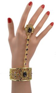 Women Crystal Cuff Bangle Bracelet Hand Harness Finger Ring Wedding Jewelry