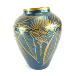 Mexiko Kunst handbemalte Keramik Tischvase Türkis und Gold Blume - Bild 1 von 11