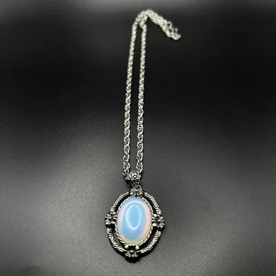 Fashionable Silver-Toned Opalite Black Oxidized & Stainless Steel Necklace - Image 1 of 4