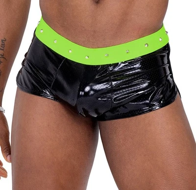 MEN'S sexy ROMA studded VINYL mesh BLACK light GLOW tight RUNNER running SHORTS - Image 1 of 2
