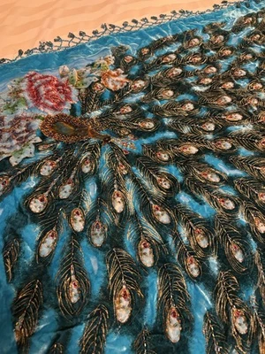 Kirk's Folly串珠三角天鹅绒丝绸孔雀围巾披肩裹巾蓝色 — 第 1/4 张图片