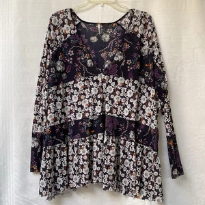Free People Tunic Blouse Womens Large Purple Isabelle Floral Ruffle Oversized - Picture 1 of 10