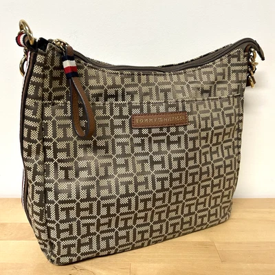 Tommy Hilfiger Monogram Shoulder Bag Brown TH Hobo Racing Stripe Preppy Coastal - Image 1 of 4