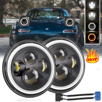 2x Black 7" Projector Round LED Headlights Halo DRL For Mazda Miata 1990-1997 - Image 1 of 4