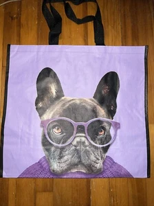 NEU entzückende Einkaufstasche lila mit Frenchie mit Brille, wiederverwendbar - Bild 1 von 6