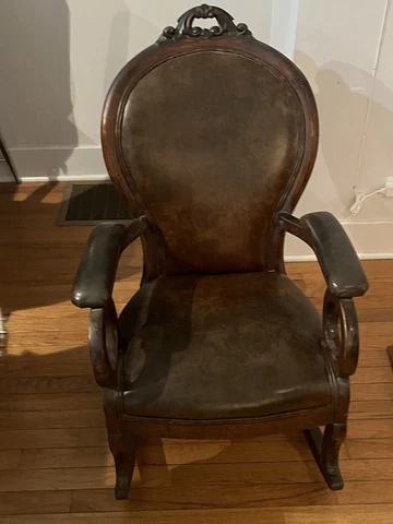 Antique Victorian Walnut Wood Leather Upholstered Small Child Rocking Chair Cover