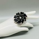 Black Acrylic Flower Statement Ring Rhinestone Adjustable Stretch Size
