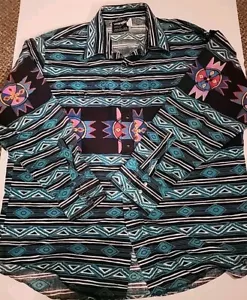 Wrangler Vintage Western Teal Aztec Black Pearl Snap Buttons Shirt Size 18-35 - Picture 1 of 22