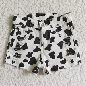 Girls Cow Print Jeans Waistband Denim Shorts - Picture 1 of 2