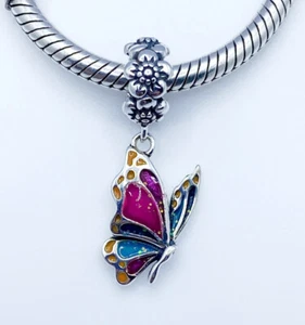 Colourful Butterfly & Flower Dangle Charm Insect Genuine 925 Sterling Silver 💖 - Picture 1 of 7