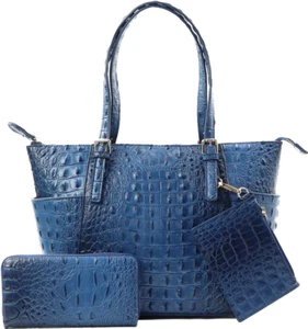 Blue Three Piece Handbag Set- Faux Crocodile Fashion - Picture 1 of 4