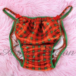 Sissy Satin Panties for MEN - Christmas Plaid Red Green shiny String Bikini M-XL - Picture 1 of 5