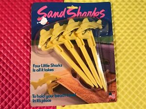 Vintage 1987 Sand Sharks Holds Beach Towel in Place. 4 Yellow Sharks New Sealed