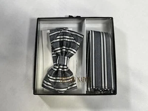 Mens Vesuvio Napoli Gray Bow Tie With Pocket Square Set NEW - Picture 1 of 2