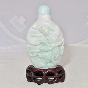 Vintage ? Chinese Jadeite Jade Snuff Bottle with Immortal Lady & Stand  (2.5") - Picture 1 of 12