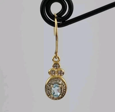 18k Yellow Gold Plated Silver Genuine Blue Topaz Diamond Dangle Hook Earrings  - Image 1 of 4