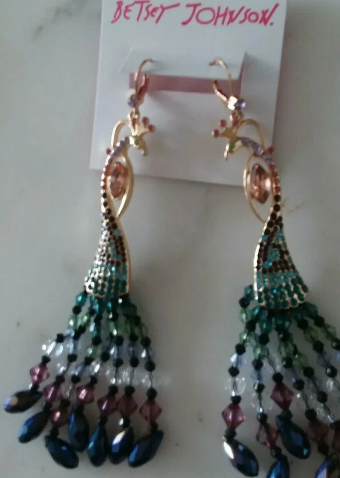 Betsey Johnson Peacock Crystal Pave Chandelier Beaded Earrings
