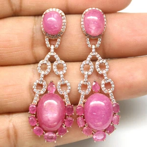 Heated Pink Ruby & Cubic Zirconia Drop Earrings 925 Sterling Silver - Picture 1 of 4