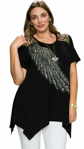 NEU GESANGSSHIRT TUNIKA Animal Print STRASS FLÜGEL Spitze hinten 1X-3X LEOPARD - Bild 1 von 3
