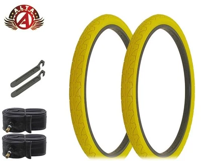 ALTA BICYCLE CRUISER DURABLE TIRE 26 x 1.95 YELLOW CITY CAVALIER SLICK 6pc SET. - Image 1 of 2