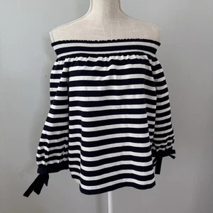 J.CREW Women’s Blue And White Striped Off The Shoulder Top Size M Preppy - Picture 1 of 8
