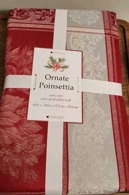 Benson Mills 60"x104" Christmas Tablecloth ORNATE POINTSETTIA Red, Silver NEW  - Image 1 of 4