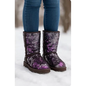 UGG Classic Short Purple Silver Sparkle Flip Sequin Boots Sherling Sherpa 6  - Picture 1 of 11
