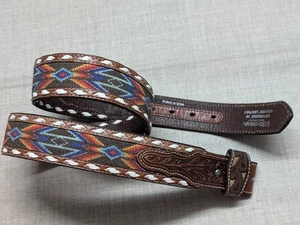 vintage NOCONA buckle belt SOUTHWESTERN leather 38 native american INDIAN PRINT - Picture 1 of 13