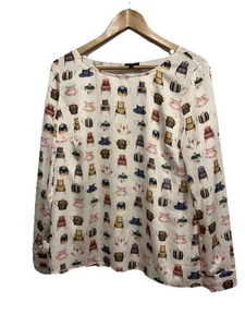Talbots Tea Party Top Cream Womens Size M Teapots Cups Chairs Long Sleeve Whimsy - Picture 1 of 16