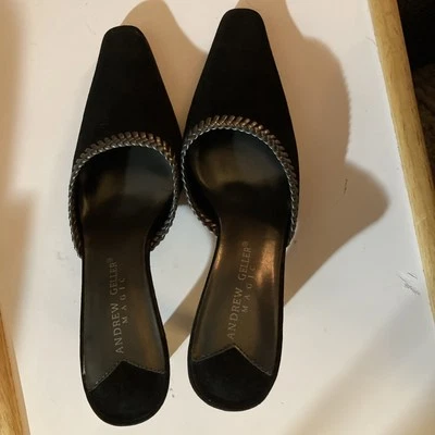 Zapatos Andrew Geller Talla 7.5m Negro Cuero/Pistola Metal Gris Tacón 3.25 Foto 1 de 4