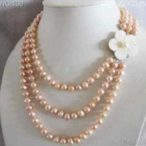 3Row 8-9mm pink Freshwater Pearl Necklace Shell Clasp Natural 17-19 Inch - Picture 1 of 1