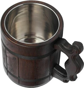 Handmade Beer Drinking Mug Cup Oak Wood Stainless Steel GIFTS Christmas Birthday - Picture 1 of 12