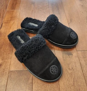 Tory Burch suede and shearling slippers in black for women in size US 7 - Picture 1 of 8