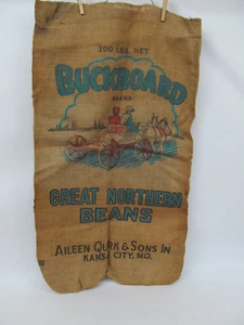 Vtg Burlap Sack 100lb Advertising Bag Buckboard Beans Western Horse Wagon Motif - Picture 1 of 2