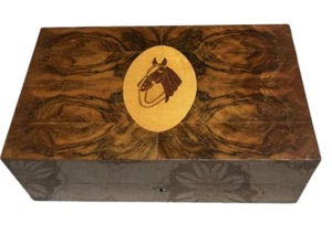 EQUESTRIAN HORSE MARQUETRY LIQUOR CABINET BURL WOOD MUSIC BOX NO INSERT SEE DESC - Picture 1 of 9