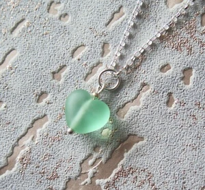 Argent Massif & Givré Vert Mer Verre Chalumeau Pendentif Coeur Collier - Picture 1 of 1
