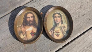 Vintage 3.5x5.5" Sacred Heart Jesus & Mary Religious Plaques Wood Oval Framed - Picture 1 of 2