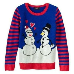 Girls Sweater Christmas Our Time Snowman Red White Blue Long Sleeve Crew-sz 14 - Picture 1 of 4