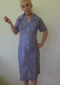 Vintage retro 70s 14 L  unused cotton button through shirt dress NOS blue white - Bild 1 von 8