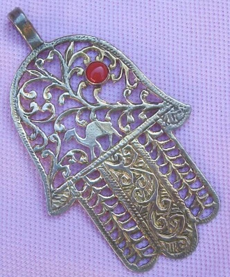 Collar grande vintage Art Deco plata filigrana dorada cornalina HAMSA mano encanto Foto 1 de 4