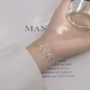 Woman Real s925 Sterling Silver 2 Layers Sequins Chain Bracelet Bangle 7'' - Picture 1 of 5
