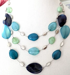 Blue Acrylic Station Necklace Bold Boho Layered Modernist Style Jewelry Gift - Picture 1 of 4