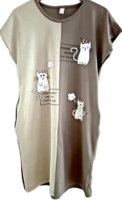 Vestido tumbona o camisón de algodón para mujer XS/S lindo estampado de gatos marrón y beige Foto 1 de 4