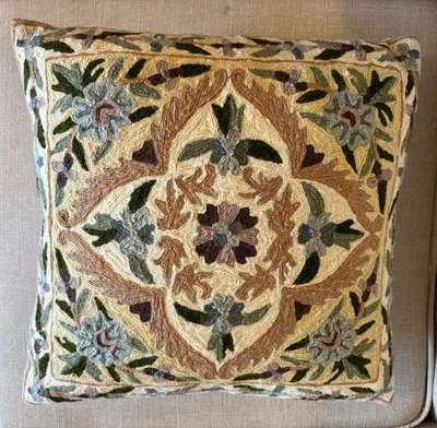 Kashmiri Throw Pillow Embroidered Crewel Tapestry Floral Chain Stitch 16” Square - Image 1 of 4