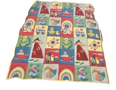 VTG Handmade Baby Novelty Gingham Patchwork Animals Quilt Cotton Fabric 42"x52" - Image 1 of 4