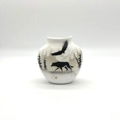 Rustic White Vase Wolf Eagle Forest Landscape Native American Art - Image 1 of 4