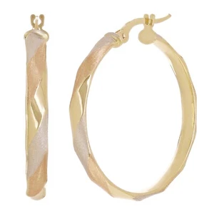 Italian 14k Tri-Color Gold Satin Twisted Hoop Earrings 1.2" 3.5mm 2.4 grams - Picture 1 of 5
