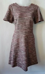 Loft Size 8 P Red Pink Burgundy Tweed Short Sleeve Fit and Flare Dress Lined - Picture 1 of 12